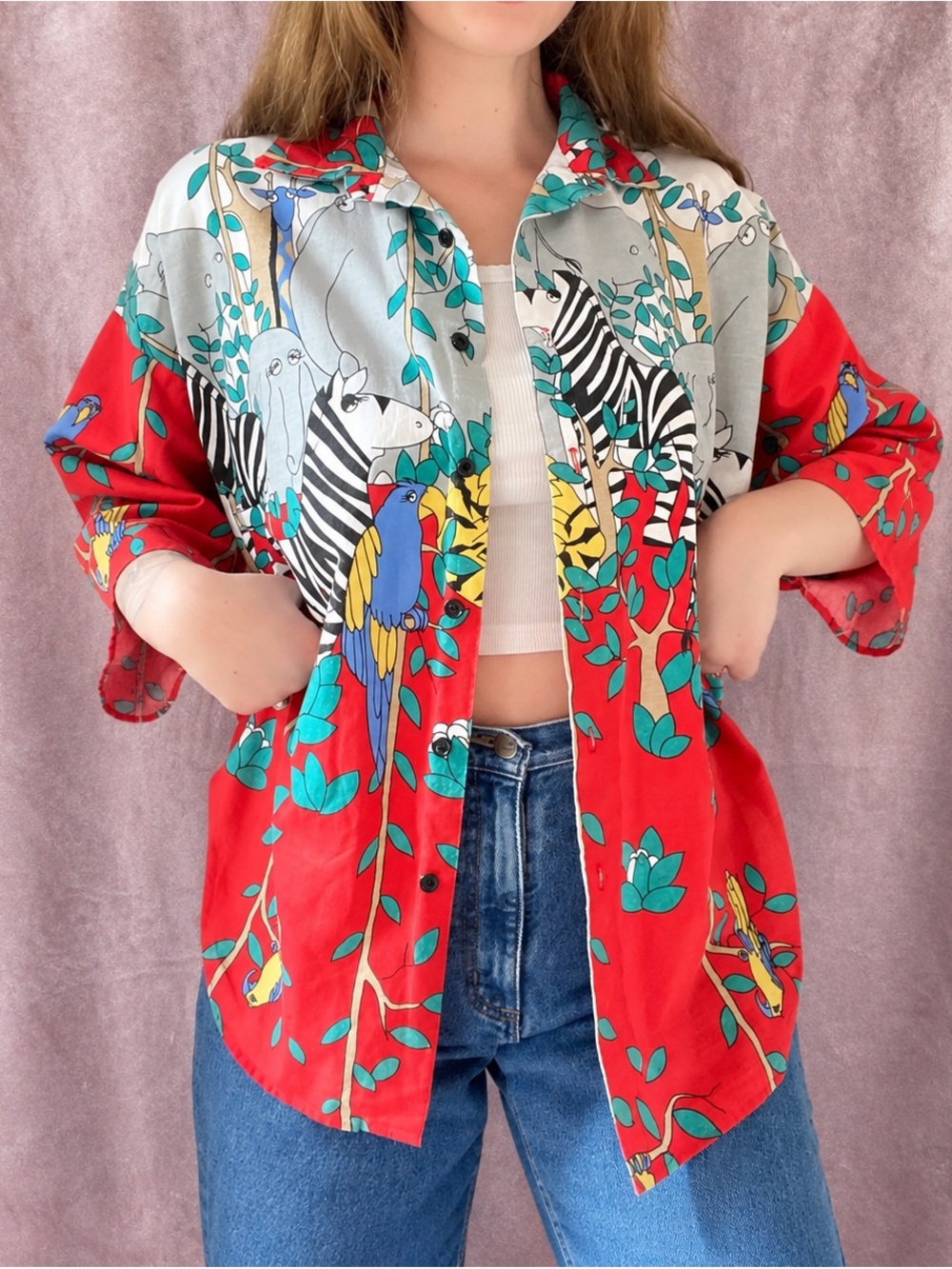 Vintage 80s Jungle Animal Print Oversized Button Up Shirt L/XL